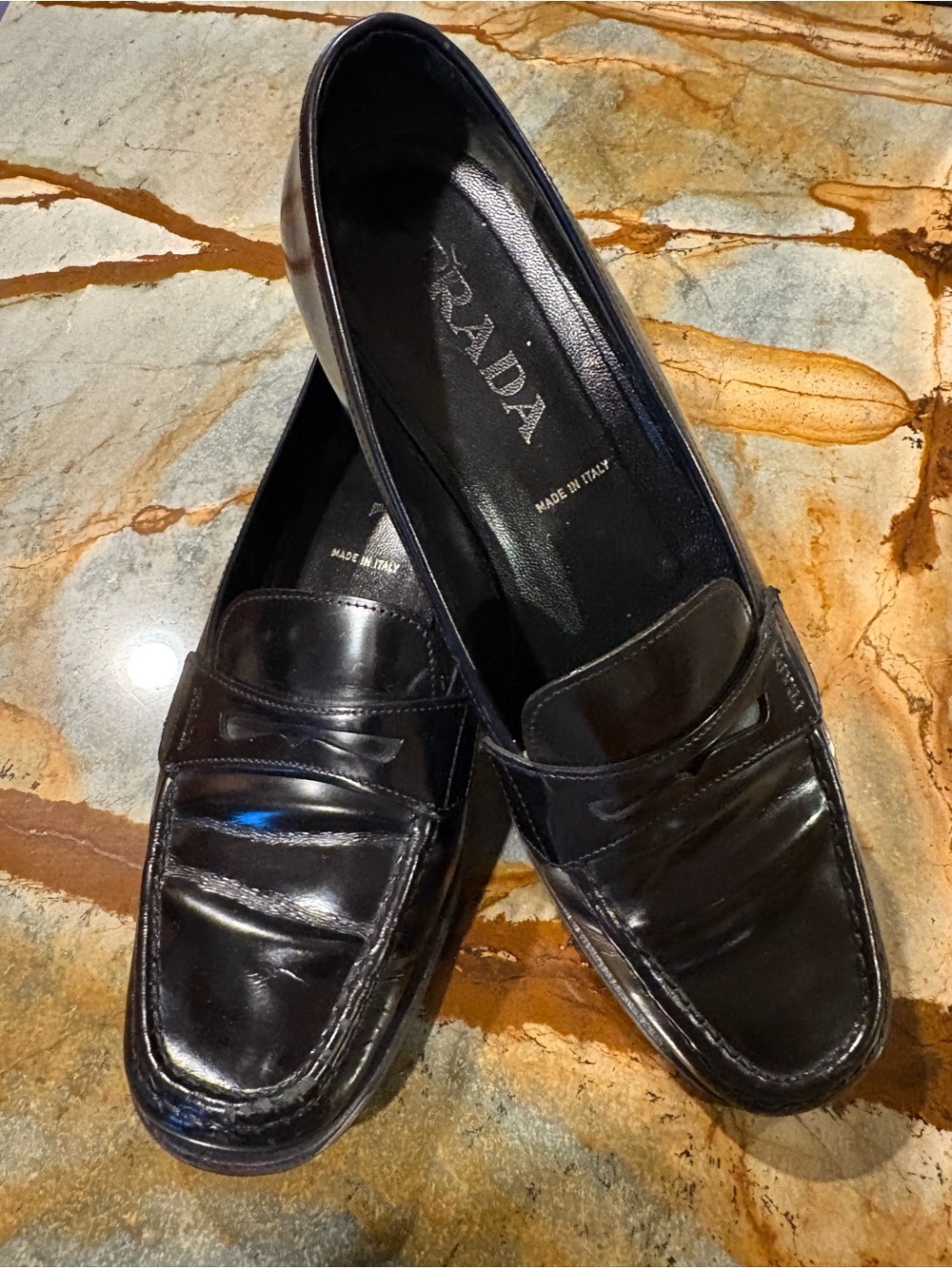 Vintage Prada Loafers Stacked Heel Brushed Leather Penny Loafer Shoes
8 1/2